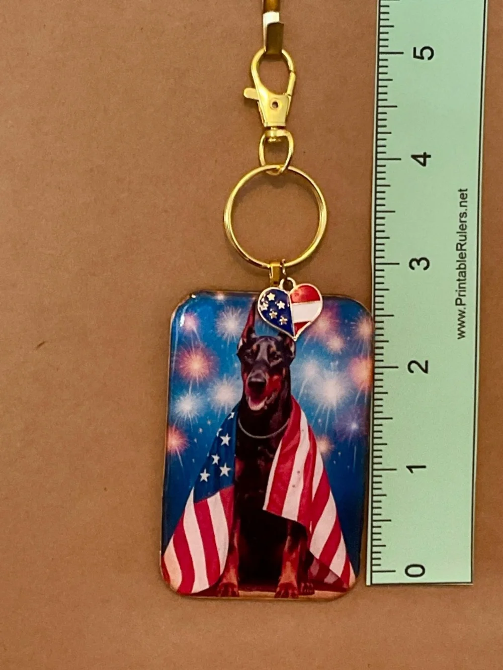 Doberman Pinscher cropped ears Patriotic American Flag keyring / purse charm